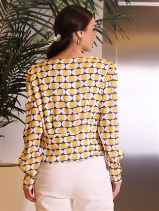 Geometrik Desenli V Yakalı Sarı Kadın Bluz 1049-2Y2