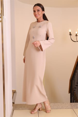 bej Renk Önü Taşlı Uzun Kadın Elbise 12344-2Y2
