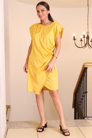 Geniş Yakalı Yanları Düğmeli Sarı Kadın Elbise 13832-2Y2