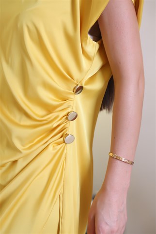 Geniş Yakalı Yanları Düğmeli Sarı Kadın Elbise 13832-2Y2