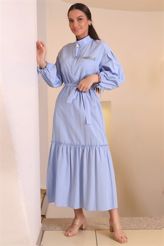 Taş İşlemeli Mavi Sıfır Yaka Kadın Elbise 2232-2Y1