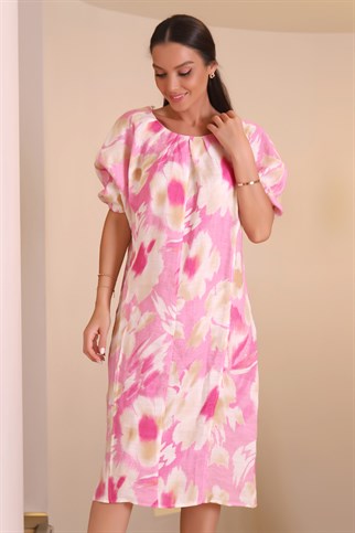 Desenli Geniş Yakalı Pembe Kadın Elbise 26257-2Y1