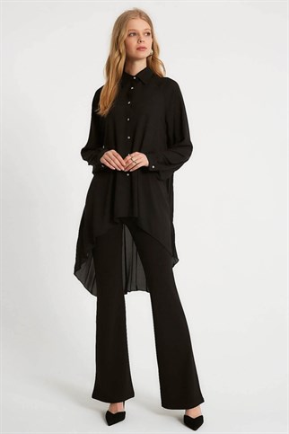Pileli Siyah Kadın Uzun Gömlek 34830-2Y2