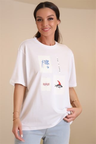 Önü Baskılı Sıfır Yaka Beyaz Renk Kadın T-shirt 602225-2Y2