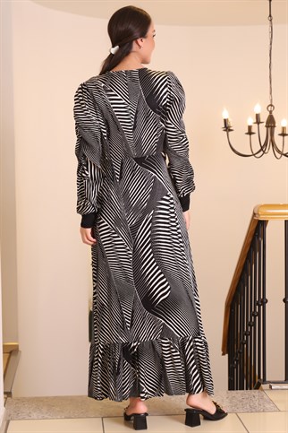 Desenli Sıfır Yakalı Uzun Siyah Kadın Elbise 6254-2Y2