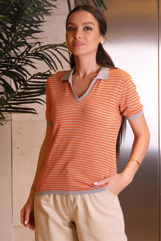Çizgili Polo Yaka Oranj Renk Kadın T-shirt 725-2Y2