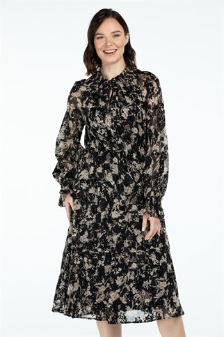 Ekol Bağcık Yaka Desenli Siyah Kadın  Elbise 4031-2K3