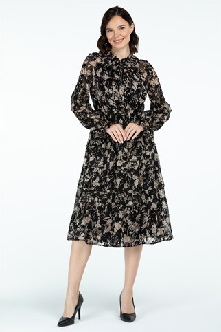 Ekol Bağcık Yaka Desenli Siyah Kadın  Elbise 4031-2K3